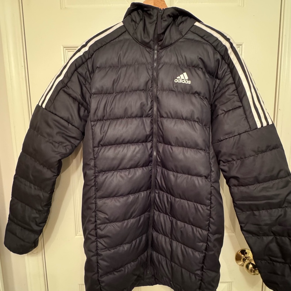 Adidas Women’s Black Hooded Down Puffer Jacket with Signature Stripes